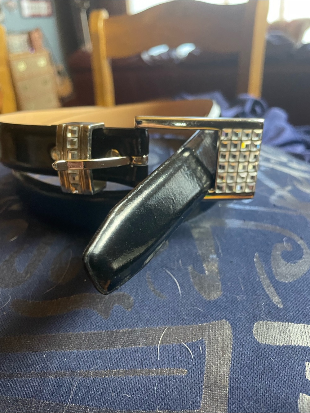 Christina Alexander GENUINE Black Patent Leather Belt with Silver Rhinestones